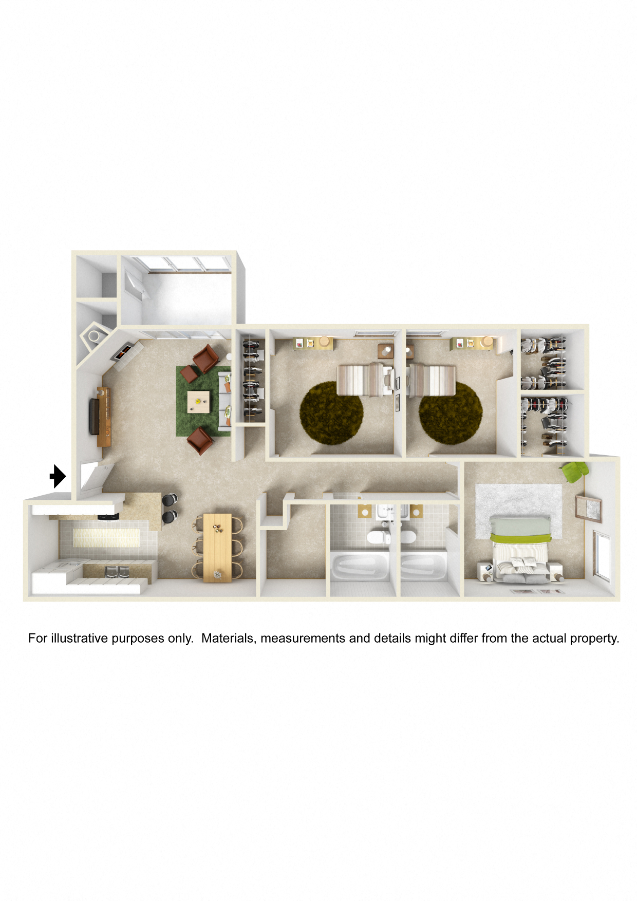 Floor plan for 3 beds, 2 baths, 1250 sqft